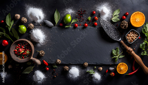 Top view of a black background with spices, copyspace, ai generative illustration