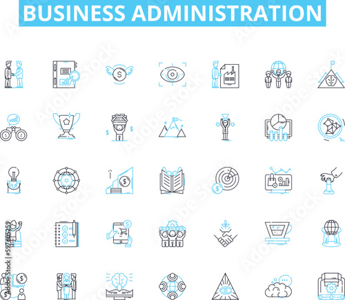 Business administration linear icons set. Management, Leadership, Strategy, Organization, Coordination, Planning, Efficiency line vector and concept signs. Productivity,Innovation,Decision-making