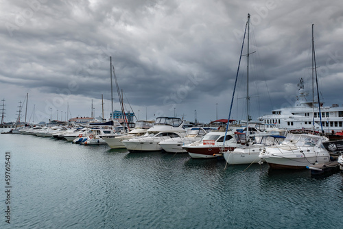 Russia, Sochi -April 13, 2023, seaport, Ships and yachts at the pier