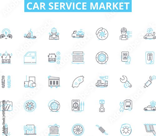 Car service market linear icons set. Maintenance, Repairs, Oil changes, Tires, Brakes, Alignment, Tune up line vector and concept signs. Inspection,Exhaust,Suspension outline illustrations