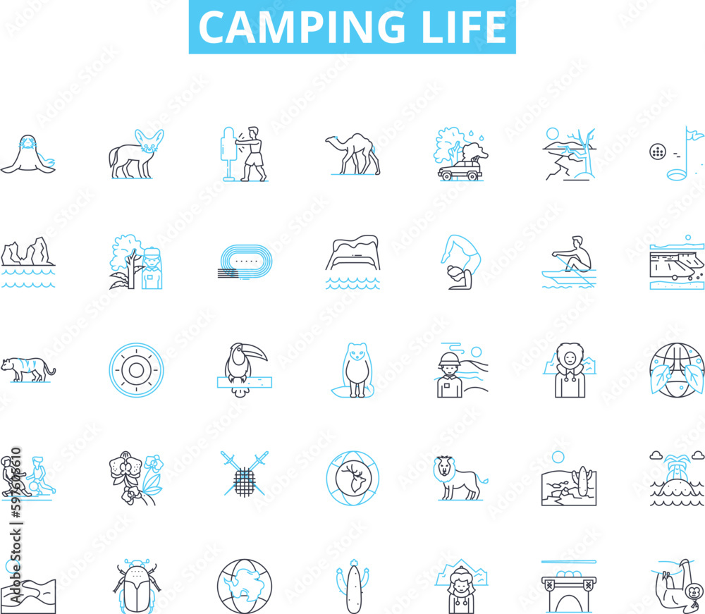Camping life linear icons set. Adventure, Bonfire, Backpack, Tent, Hiking, Marshmallow, Nature line vector and concept signs. Outdoors,Campfire,Sleepingbag outline illustrations