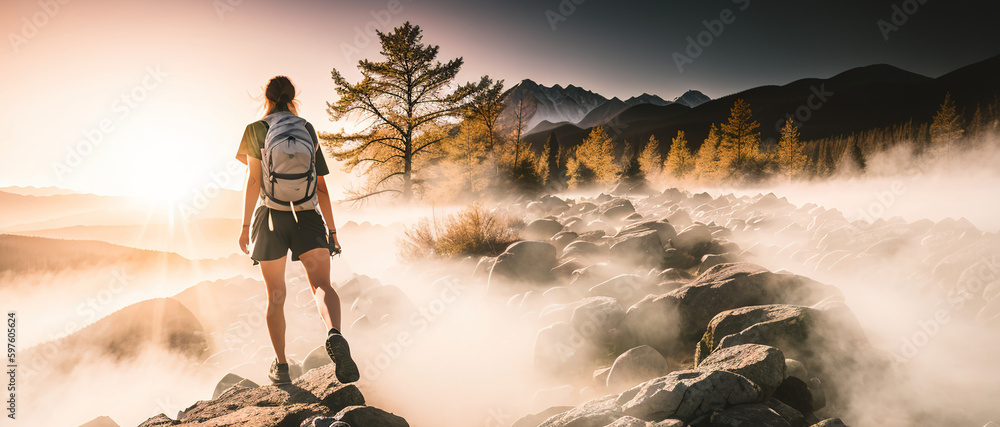 Obraz premium Hiking on a beautiful sunny summer day. Scenic panoramic landscape, generative ai.