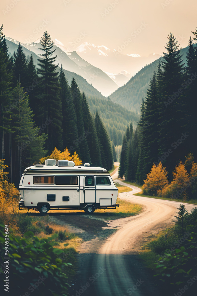 Road adventures on a camper, an exotic kind of outdoor recreation. Generative AI.