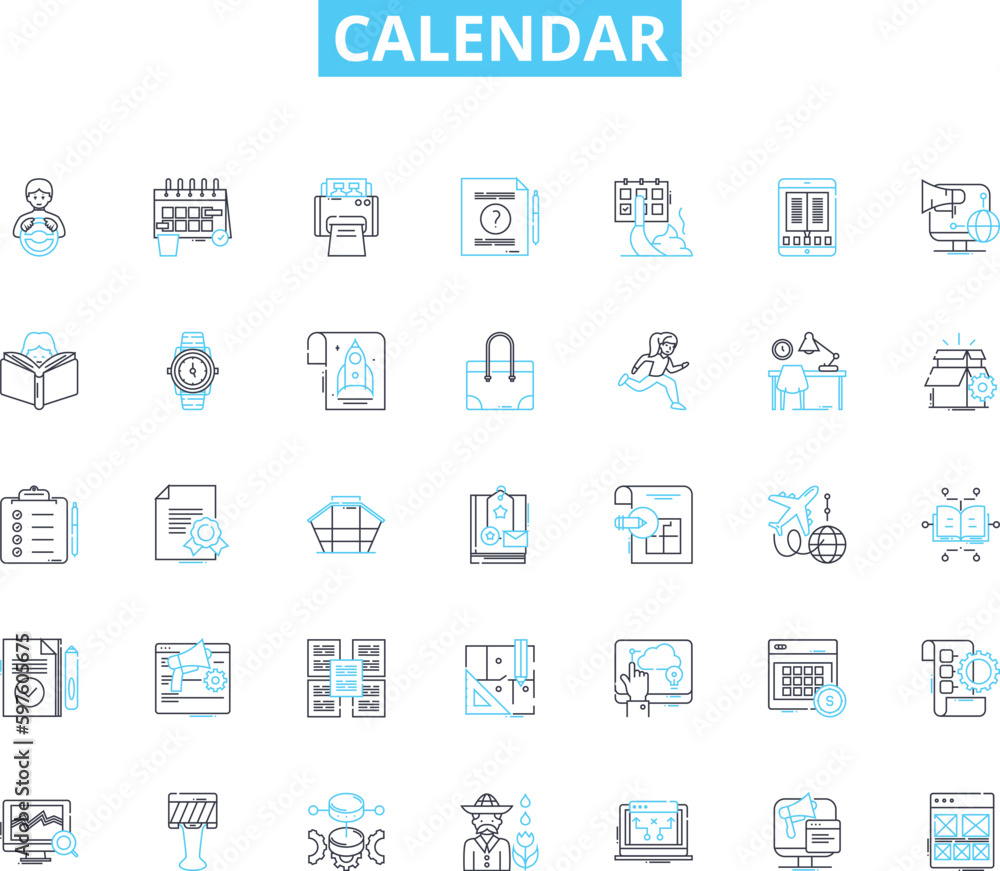 Calendar linear icons set. Scheduling, Organization, Reminders, Appointments, Planning, Time, Events line vector and concept signs. Dates,Schedule,Deadlines outline illustrations Calendar linear icons set. Scheduling, Organization, Reminders, Appointments, Planning, Time, Events line vector and concept signs. Dates,Schedule,Deadlines outline illustrations