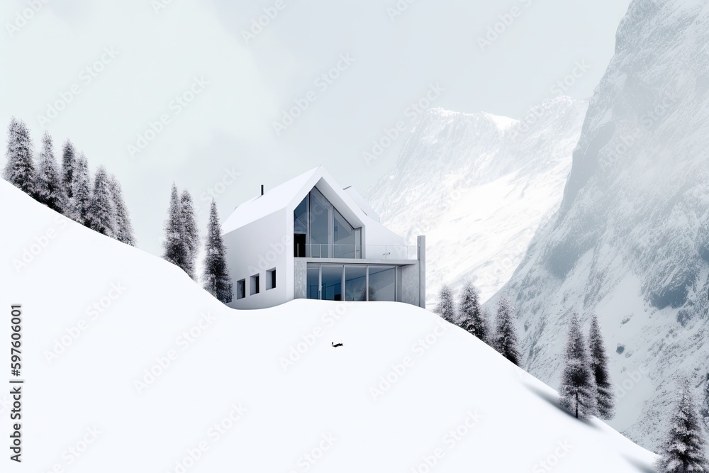 cozy cabin nestled in a snowy mountain landscape. Generative AI