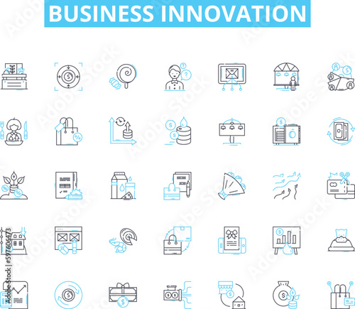 Business innovation linear icons set. Disruption, Creativity, Transformation, Adaptation, Ideation, Agility, Growth line vector and concept signs. Evolution,Reinvention,Ingenuity outline illustrations