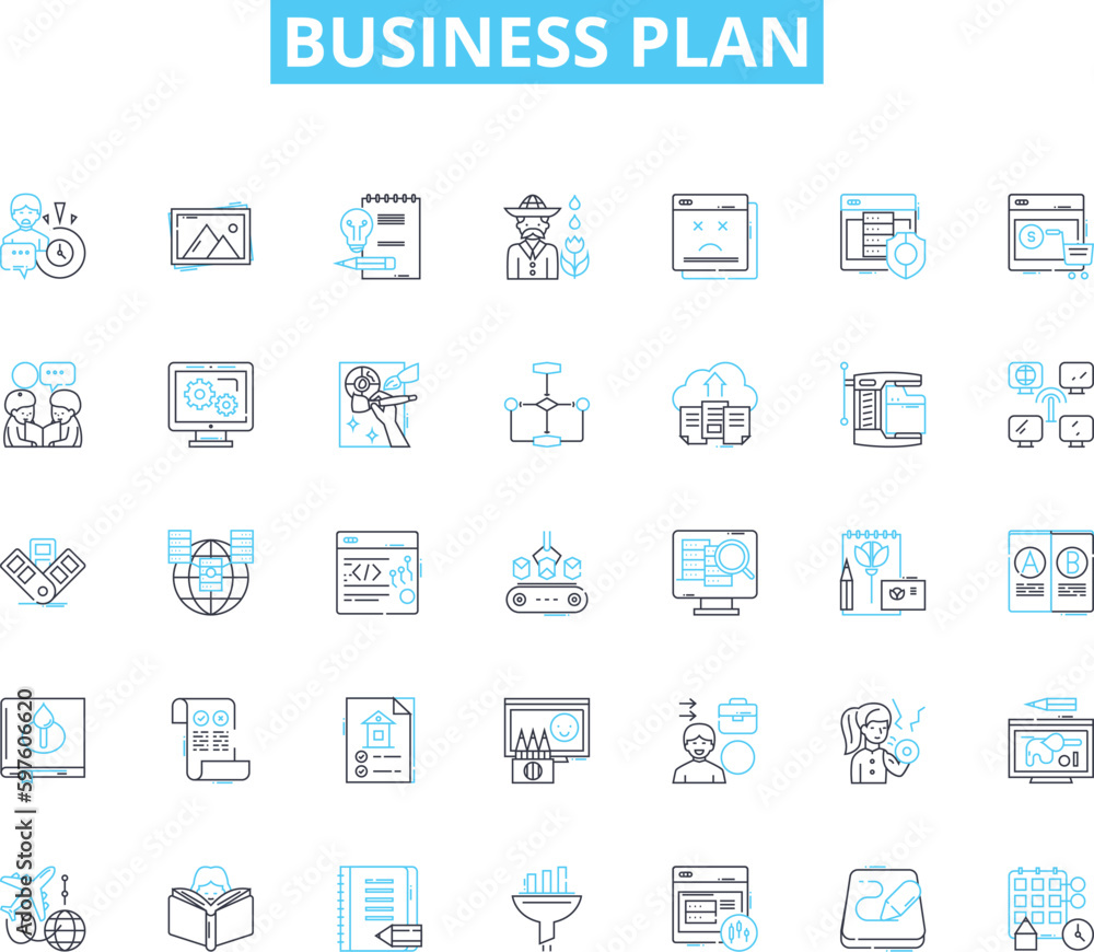 Business plan linear icons set. Strategy, Profitability, Marketing, Analysis, Forecasting, Funding, Goals line vector and concept signs. Expansion,Investment,Execution outline illustrations Business plan linear icons set. Strategy, Profitability, Marketing, Analysis, Forecasting, Funding, Goals line vector and concept signs. Expansion,Investment,Execution outline illustrations