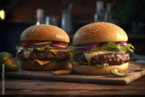 A fresh and tasty burger served on a dark background. Image generated by AI