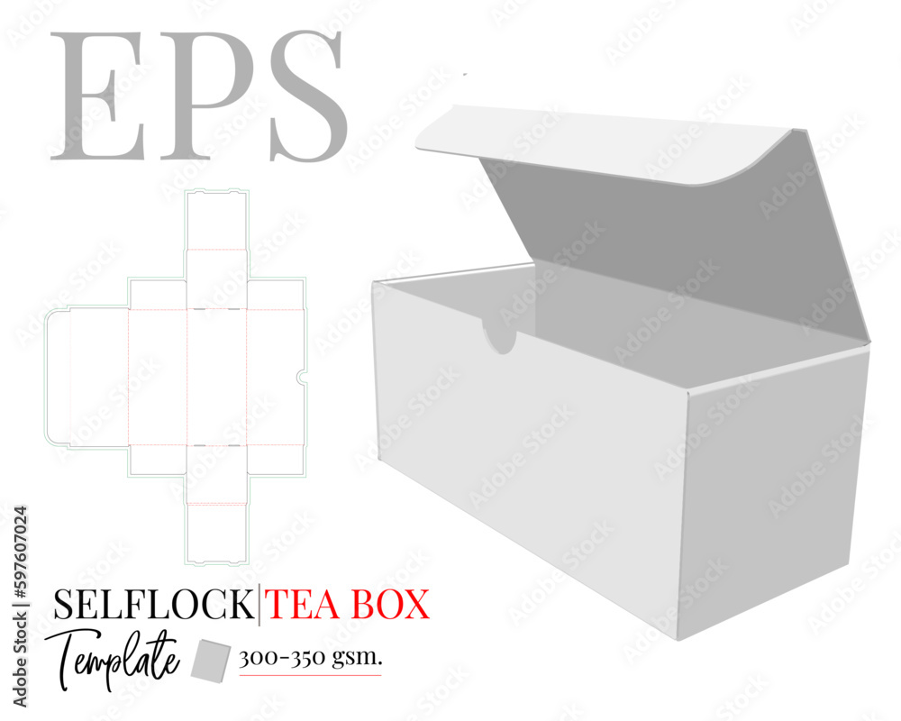 Tea box vector, cut and fold paper box. Die cut template, self locking