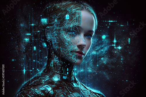 Android in matrix space. Artificial intelligence in a female form. Generative AI. photo