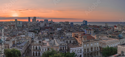 View over the rooftops of Havana in Cuba at sunset with the El National hotel