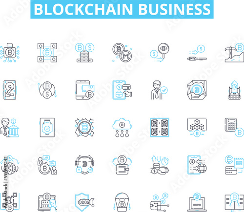 Blockchain business linear icons set. Decentralization, Cryptocurrency, Smart Contracts, Transparency, Distributed Ledgers, Cryptography, Immutable line vector and concept signs. Innovation,Security