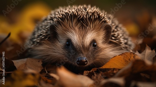 Close-up cute hedgehog in the autumn forest