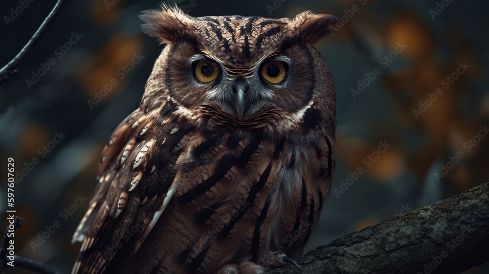 Old owl on a branch in the forest close-up