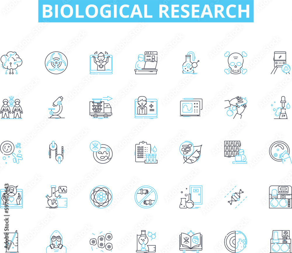 Biological research linear icons set. Genetics, Microbiology, Virology, Botany, Immunology, Ecology, Zoology line vector and concept signs. Entomology,Histology,Cytology outline illustrations