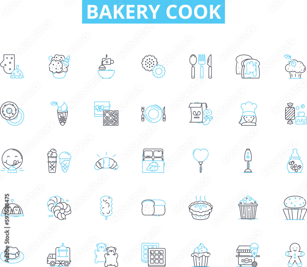 Bakery cook linear icons set. Dough, Yeast, Flour, Oven, Whisk, Piping, Mixing line vector and concept signs. Kneading,Rolling,Butter outline illustrations
