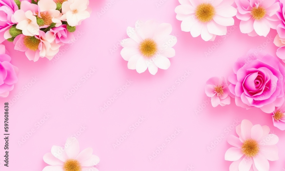 Top view image of pink flowers composition over pastel background (Generative AI) Top view image of pink flowers composition over pastel background (Generative AI)