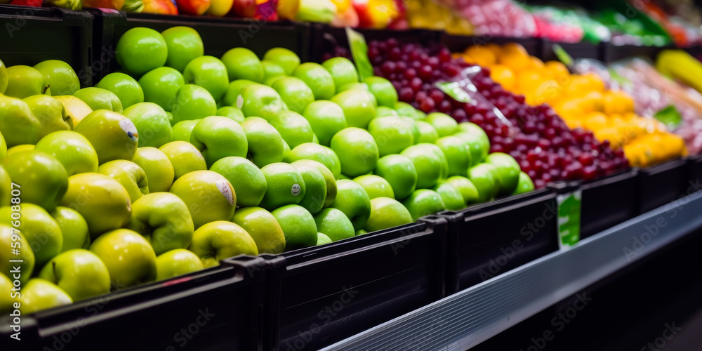 Fruit shelves in supermarket. Retail healthy market of food. Generative AI