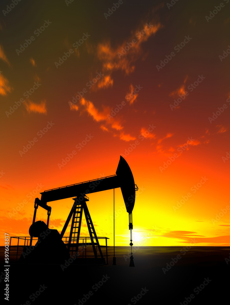 Oil digging on the sunset. Evening silhouette of the oil pump. Generative AI Oil digging on the sunset. Evening silhouette of the oil pump. Generative AI