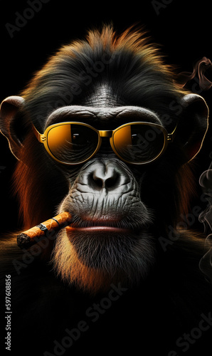 Portrait of brutal monkey. Dark wild gorilla bandit. Generative AI