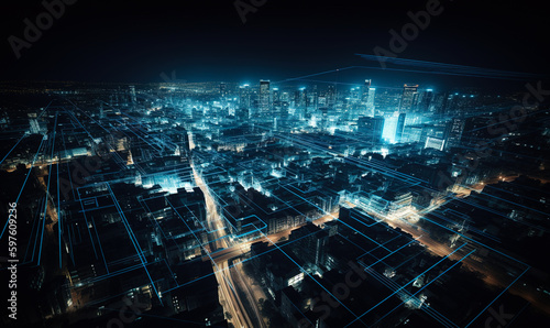 Rendering skyscrapers building. Neon night modern city. Generative AI