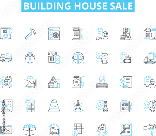 Building house sale linear icons set. Construction, Real estate, Property, Houses, Mortgage, Investment, Development line vector and concept signs. Building,Architecture,Materials outline