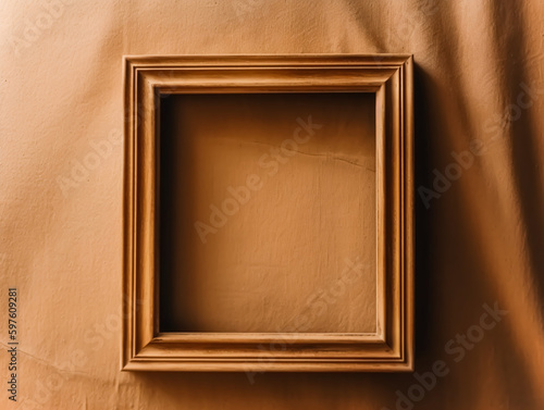 Minimalistic empty wooden frame on brown fabric backdrop for painting, poster, photo or artwork wall art mockup, home decor and interior design. Generative AI