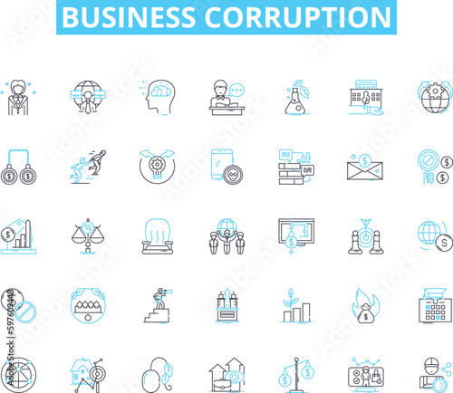Business corruption linear icons set. Bribery, Embezzlement, Fraud, Scandal, Manipulation, Kickbacks, Misappropriation line vector and concept signs. Dishsty,Nepotism,Collusion outline illustrations