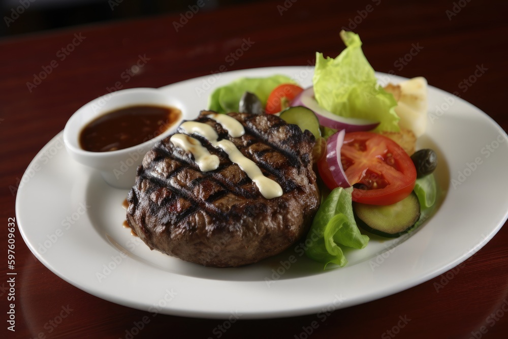 delicious burger with a healthy side salad on a plate. Generative AI delicious burger with a healthy side salad on a plate. Generative AI