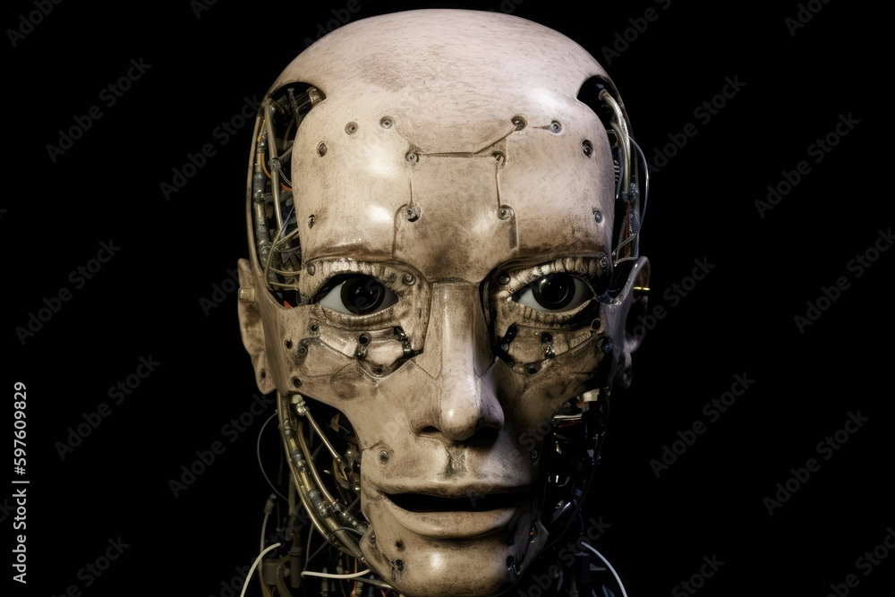 futuristic robot head with wires and cables connected to it. Generative AI futuristic robot head with wires and cables connected to it. Generative AI