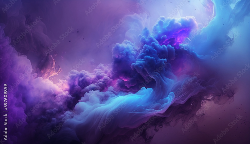 Mist texture. Color smoke. Paint water mix. Mysterious storm sky. Blue purple glowing fog cloud wave abstract art background with free space.