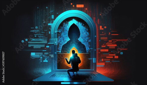 Fototapeta Naklejka Na Ścianę i Meble -  Cybersecurity privacy of data protection, businessman using laptop Secure encryption technology, security Internet access, security encryption of user private data, business confidentiality.