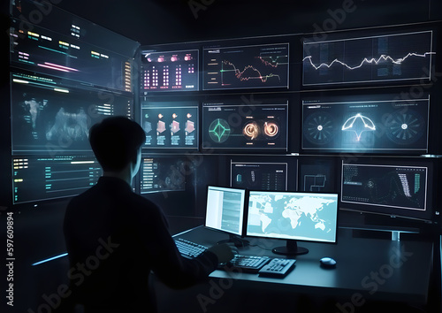 Businessman working with modern computer virtual dashboard analyzing finance sales data and economic growth graph chart, stocks and block chain technology.