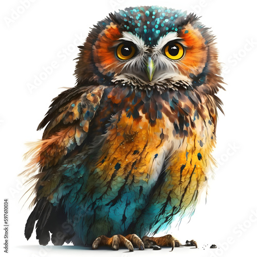 owl,white background,multicoloured, bird,generative ai © katerinka