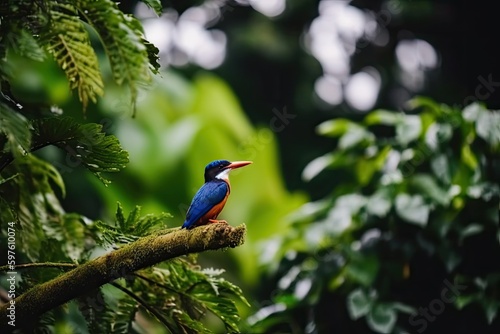 vibrant bird sitting on a tree branch. Generative AI