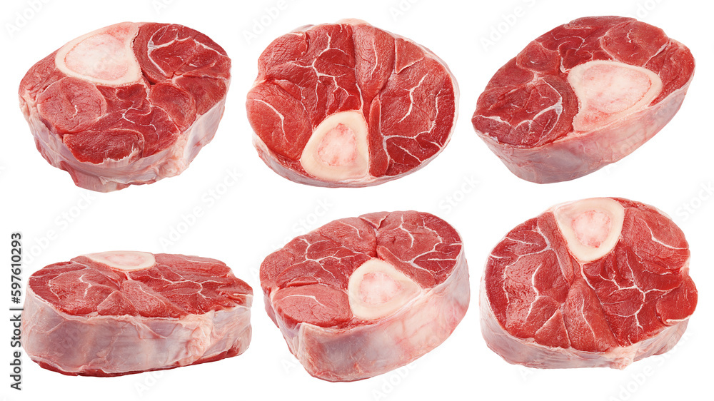 Sliced beef shank, osso bucco steak, isolated on white background, full depth of field Sliced beef shank, osso bucco steak, isolated on white background, full depth of field