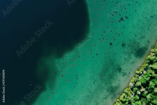 serene body of water surrounded by lush trees from an aerial viewpoint. Generative AI