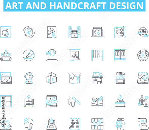 Art and handcraft design linear icons set. Sculpture, Pottery, Calligraphy, Knitting, Embroidery, Quilting, Weaving line vector and concept signs. Origami,Crochet,Jewellery outline illustrations