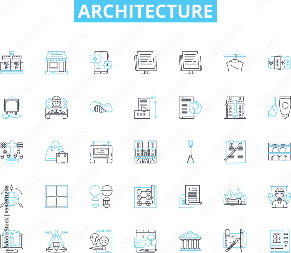 Architecture linear icons set. Form, Function, Design, Space, Structure, Innovation, Aesthetics line vector and concept signs. Materiality,Sustainability,Urbanism outline illustrations Architecture linear icons set. Form, Function, Design, Space, Structure, Innovation, Aesthetics line vector and concept signs. Materiality,Sustainability,Urbanism outline illustrations
