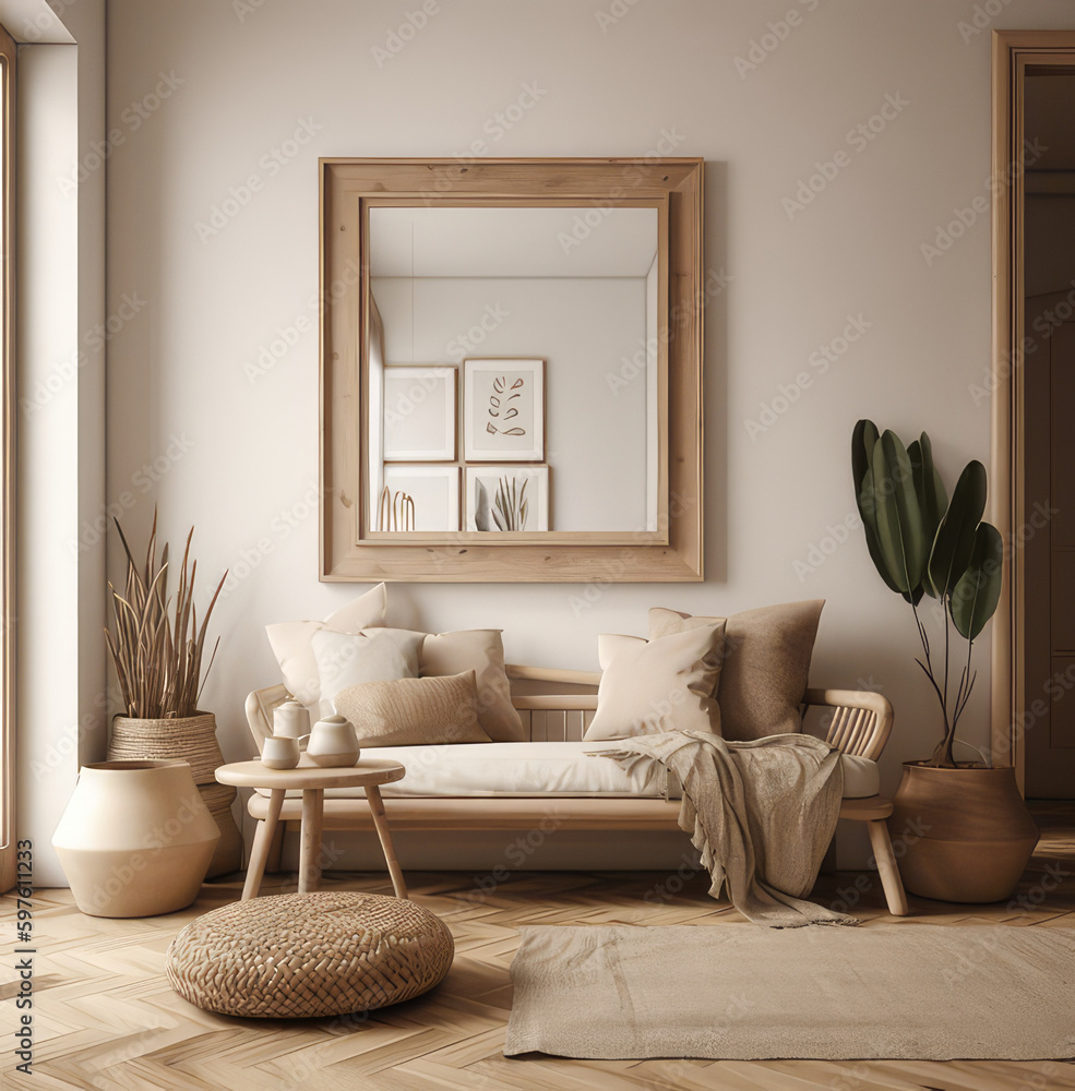 Naklejka premium living room interior design mock up, minimal and functional apartment design mock up, Generative AI
