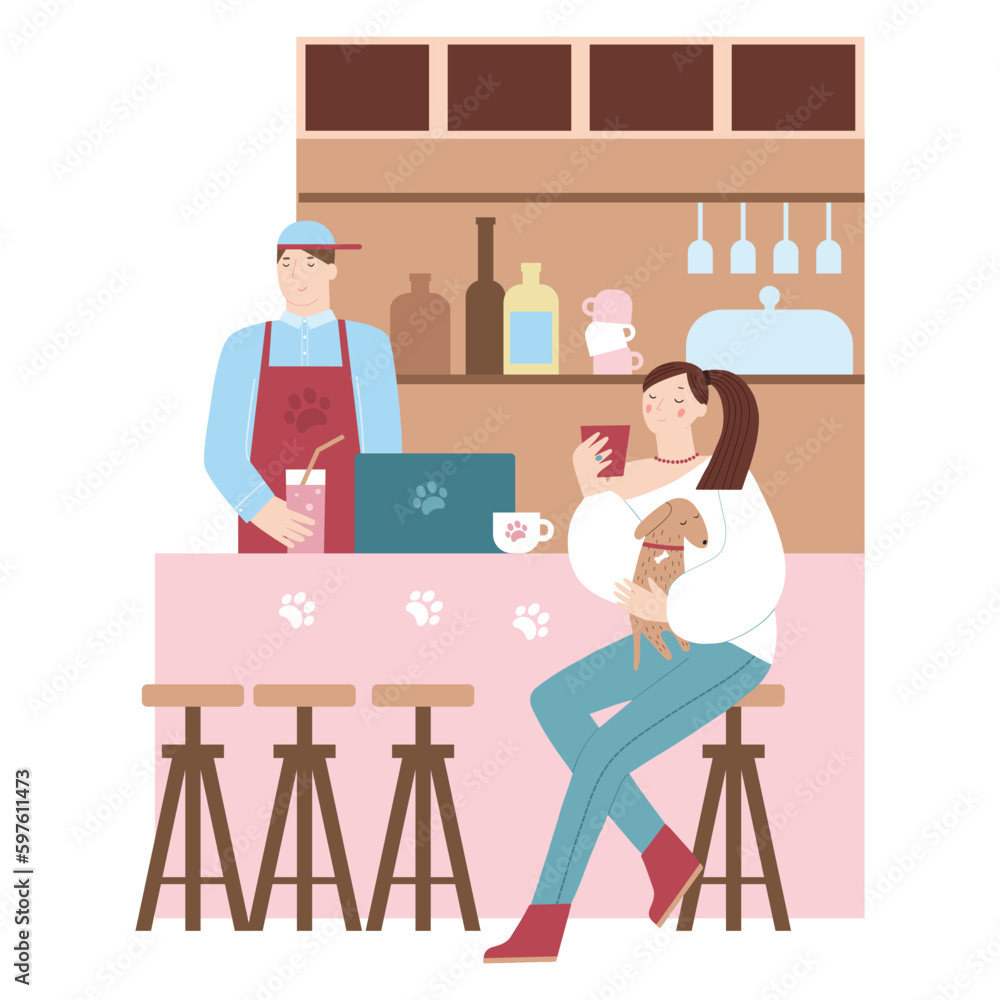 Beautiful fashionable girl with a dog in her arms sitting on a bar stool with a cup in her hands near the bar and bartender with a cocktail vector on white 