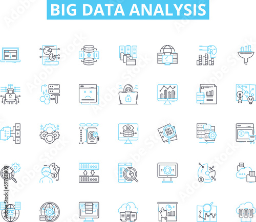Big data analysis linear icons set. Analytics, Algorithms, Clustering, Correlations, Decision-making, Predictions, Insights line vector and concept signs. Trends,Machine-learning,Visualization outline
