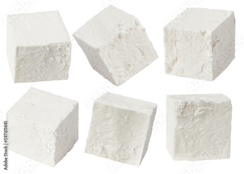 Foto Feta, Greek cheese cubes, isolated on white background, full depth of field