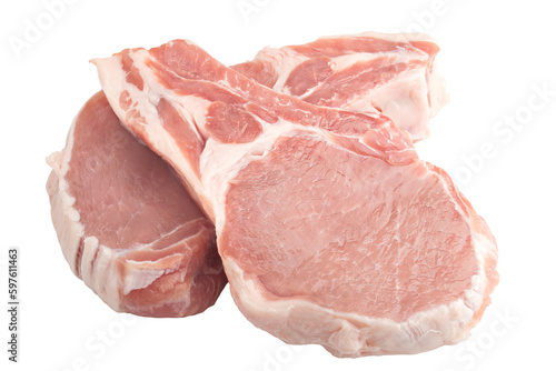 fresh raw meat on white background, pork, beef, chop on bone, full depth of field