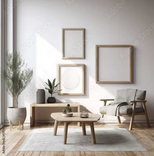 living room interior design mock up  minimal and functional apartment design mock up  Generative AI