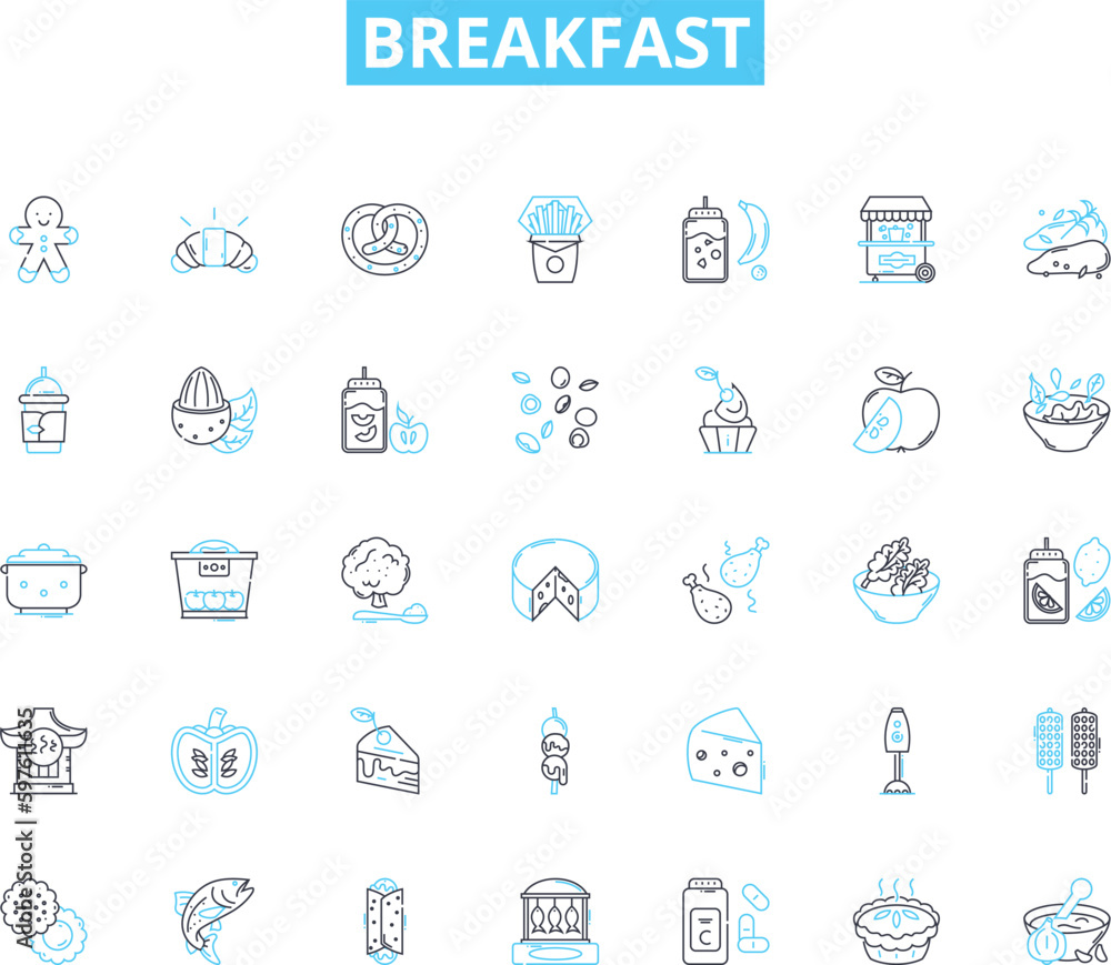 Breakfast linear icons set. Pancakes, Waffles, Omelette, Cereal, Toast, Bagel, Croissant line vector and concept signs. EnglishMuffin,Bacon,Sausage outline illustrations