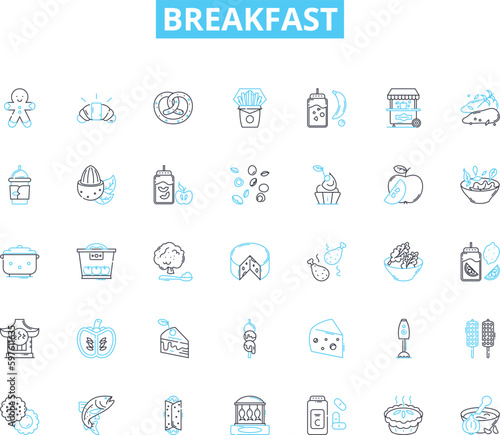 Breakfast linear icons set. Pancakes, Waffles, Omelette, Cereal, Toast, Bagel, Croissant line vector and concept signs. EnglishMuffin,Bacon,Sausage outline illustrations photo