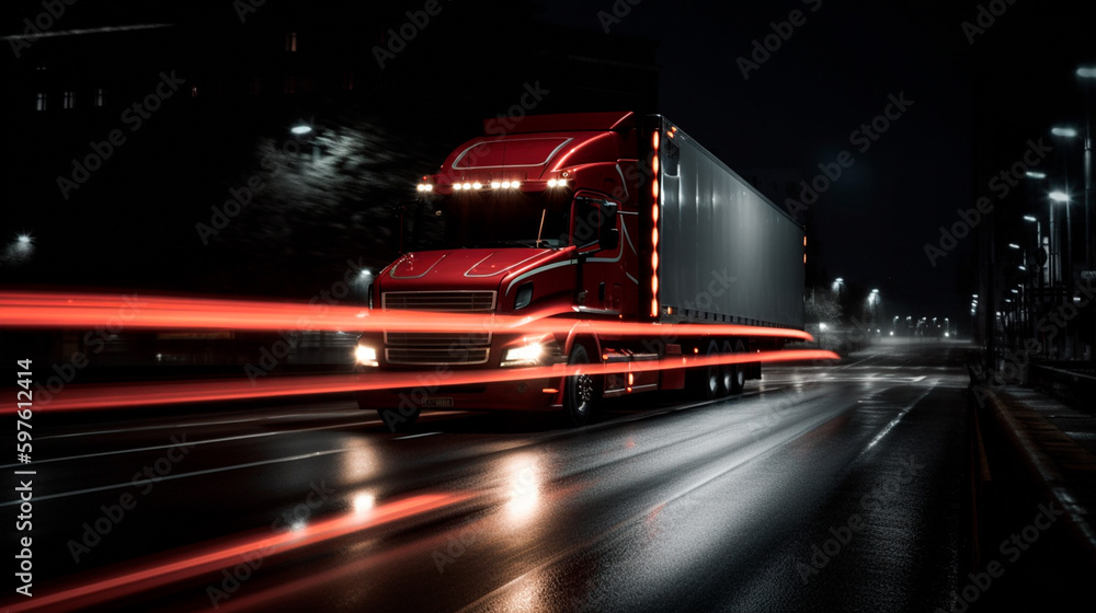 A truck speeding in the city at night with taillights giving a speed impression. Generative AI - obrazy, fototapety, plakaty 