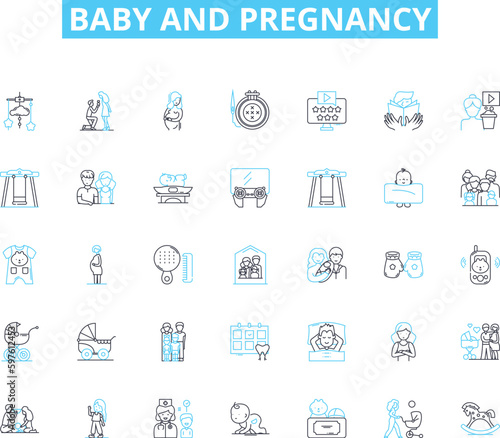 Baby and pregnancy linear icons set. Infant, Maternity, Fetus, Belly, Womb, Labor, Conception line vector and concept signs. Ultrasound,Diaper,Cravings outline illustrations