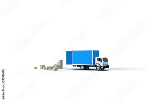 A car truck transports cardboard boxes. 3d render on the topic of freight transportation, relocation, delivery, courier. Minimal style, transparent background.
